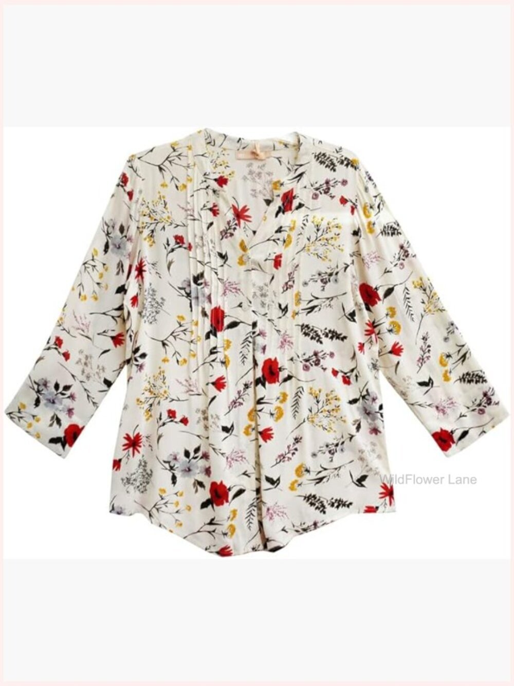 Women's Printed Long Sleeve Pleat Front Work Shirt with Mandarin Collar